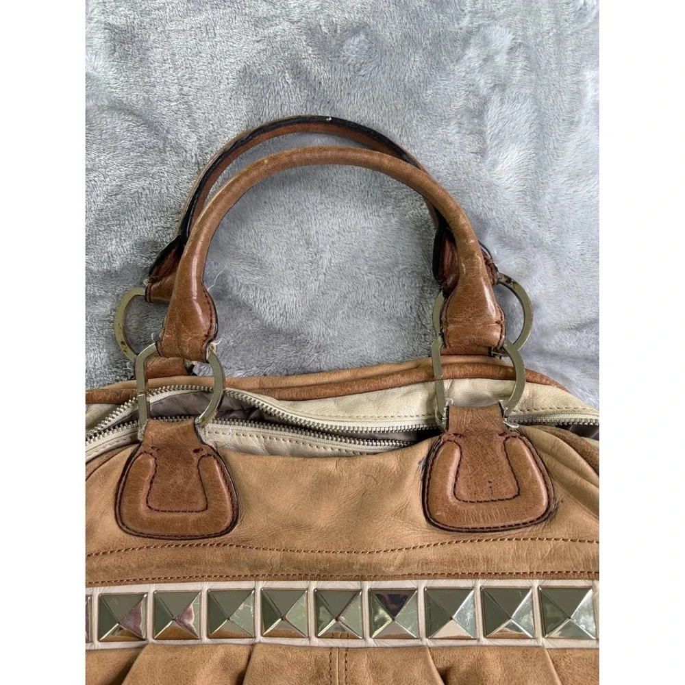 Marciano Handbag Large Tan Leather Satchel Studded Boho 2000s Vintage Used